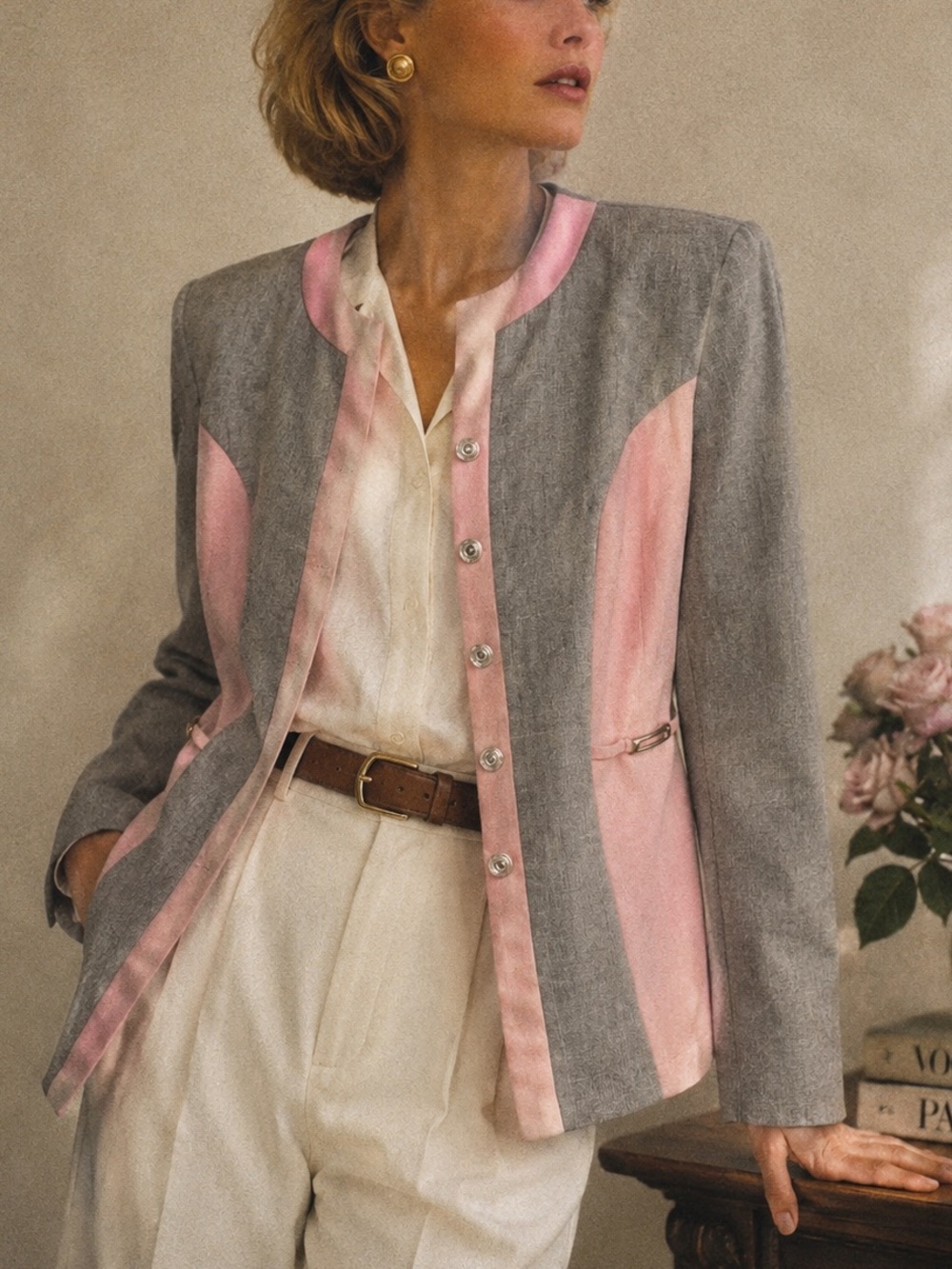 BFA Classics Vintage Pink Gray Colorblock Petite Blazer 10P